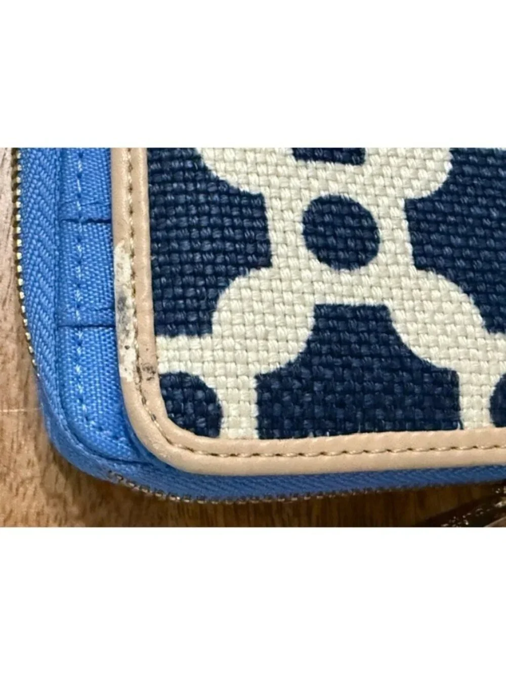 Spartina 449 May River Wallet Starfish Linen Leather Tan Navy White Snap Zip Aro